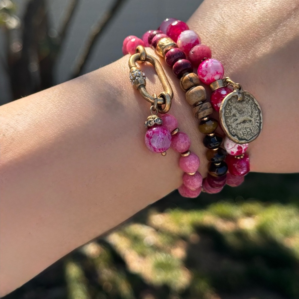 NWOT Chico’s Beaded Bracelets in Pink, Burgundy with charms, rhinestones, brass